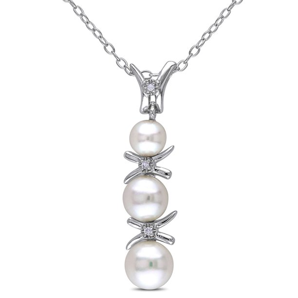 Miabella Pendentif de style "Chemin de la vie" avec perles d'eau douce blanches de culture bouton et accent de diamants en argent sterling, 18 pouces en longueur