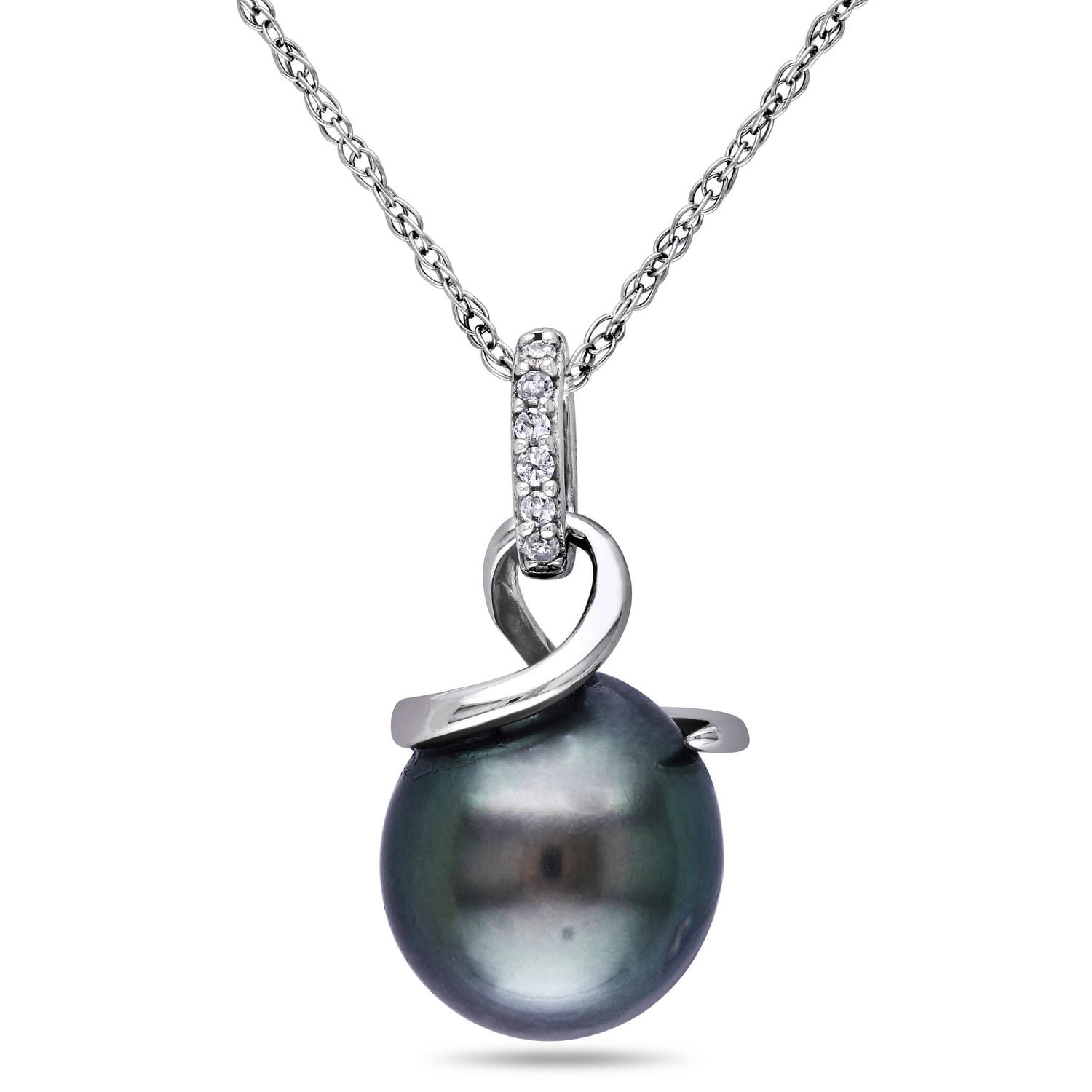 Asteria 8-8.5mm Black Drop Tahitian Cultured Pearl and Diamond-Accent 10 K White Gold Swirl Pendant; 17"