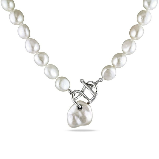 Miabella Collier stylisé avec perles d'eau douce blanches baroque en argent sterling, 18 pouces en longueur