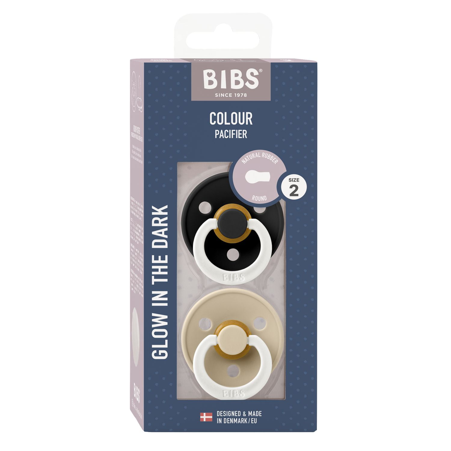 BIBS Pacifiers | Natural Rubber Baby Pacifier | Set of 2 BPA-Free Soothers | Made in Denmark | Black GLOW/Vanilla GLOW | Size 6-18 Months, BIBS Pacifiers – 2 Pack | Black GLOW/Vanilla GLOW