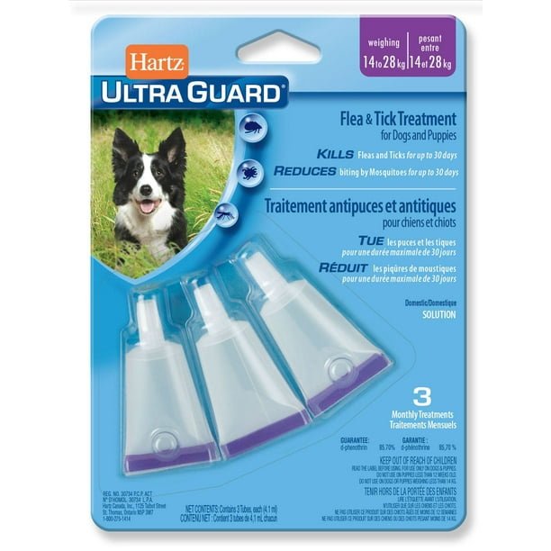 Hartz UltraGuard Traitement antipuces et antitiques pour chiens et chiots Chaque paquet contient trois tubes, utilisation 1 tube par mois.  Ne pas utiliser sur les chiens de moins de 12 semaines d'age.