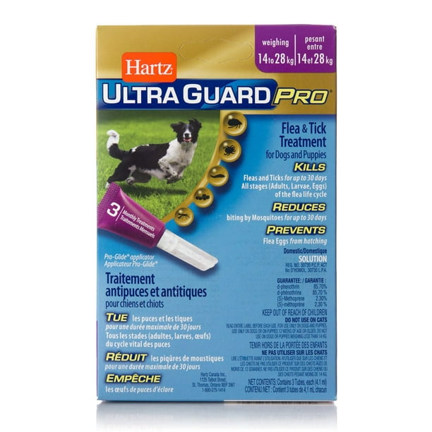 Hartz UltraGuard Pro Traitement antipuces et antitiques pour chiens et chiots Chaque paquet contient trois tubes, utilisation 1 tube par mois.  Ne pas utiliser sur les chiens de moins de 12 semaines d'age.