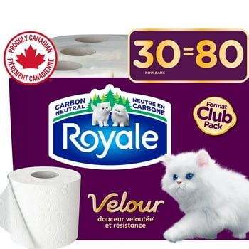 Royale Velour Toilet Paper, 30 Equal 80 Bathroom tissue rolls, 2-Ply, 190 Sheets a Roll