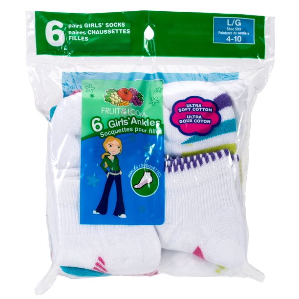 Fruit of the Loom Girls 6 Pack Anklet Large Assorted - Walmart.ca