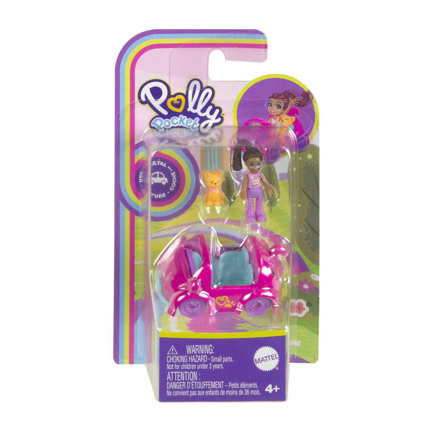 Polly Pocket Micro Doll with Cat-Themed Die-cast Car and Mini Pet