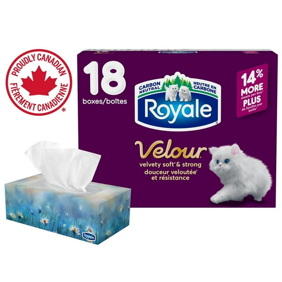 Royale Velour Facial Tissue, 18 Flat Boxes, 82 Tissues per box, 3-Ply, 1476 Tissues
