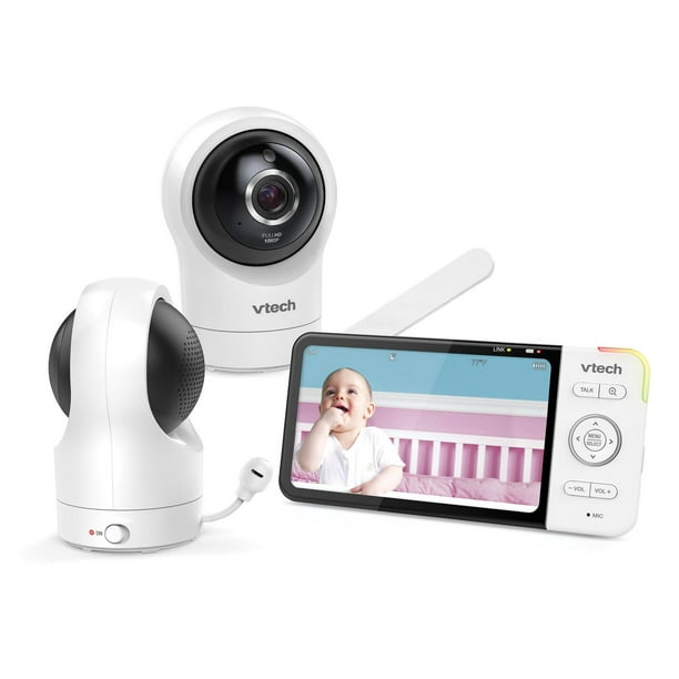 VTech Le moniteur vidéo Wi-Fi intelligent pour bébé avec écran de 5 po et  caméra panoramique 1080p HD et inclinaison à 360 degrés, blanc RM5764-2HD  RM5764-2HD 
