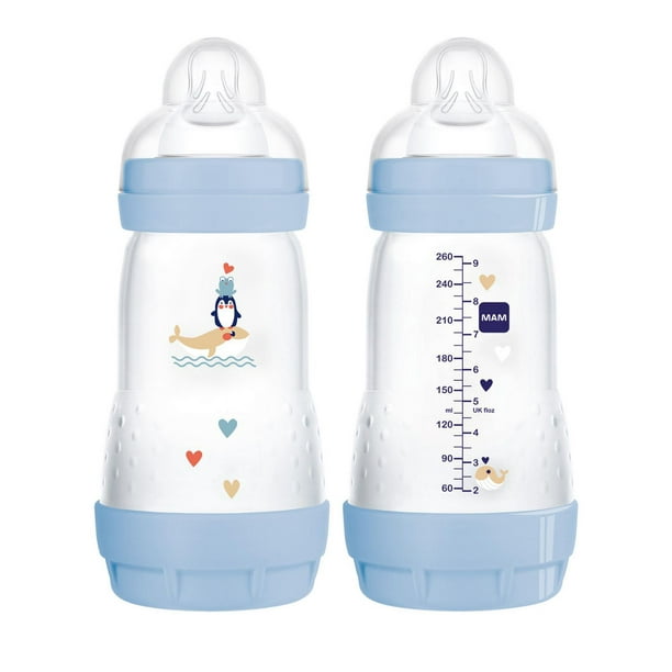 Biberon anti-coliques MAM Easy Start 260 ml (2 unités), produits essentiels pour bébé, biberons à débit moyen avec tétine en silicone, biberons pour bébé garçon
