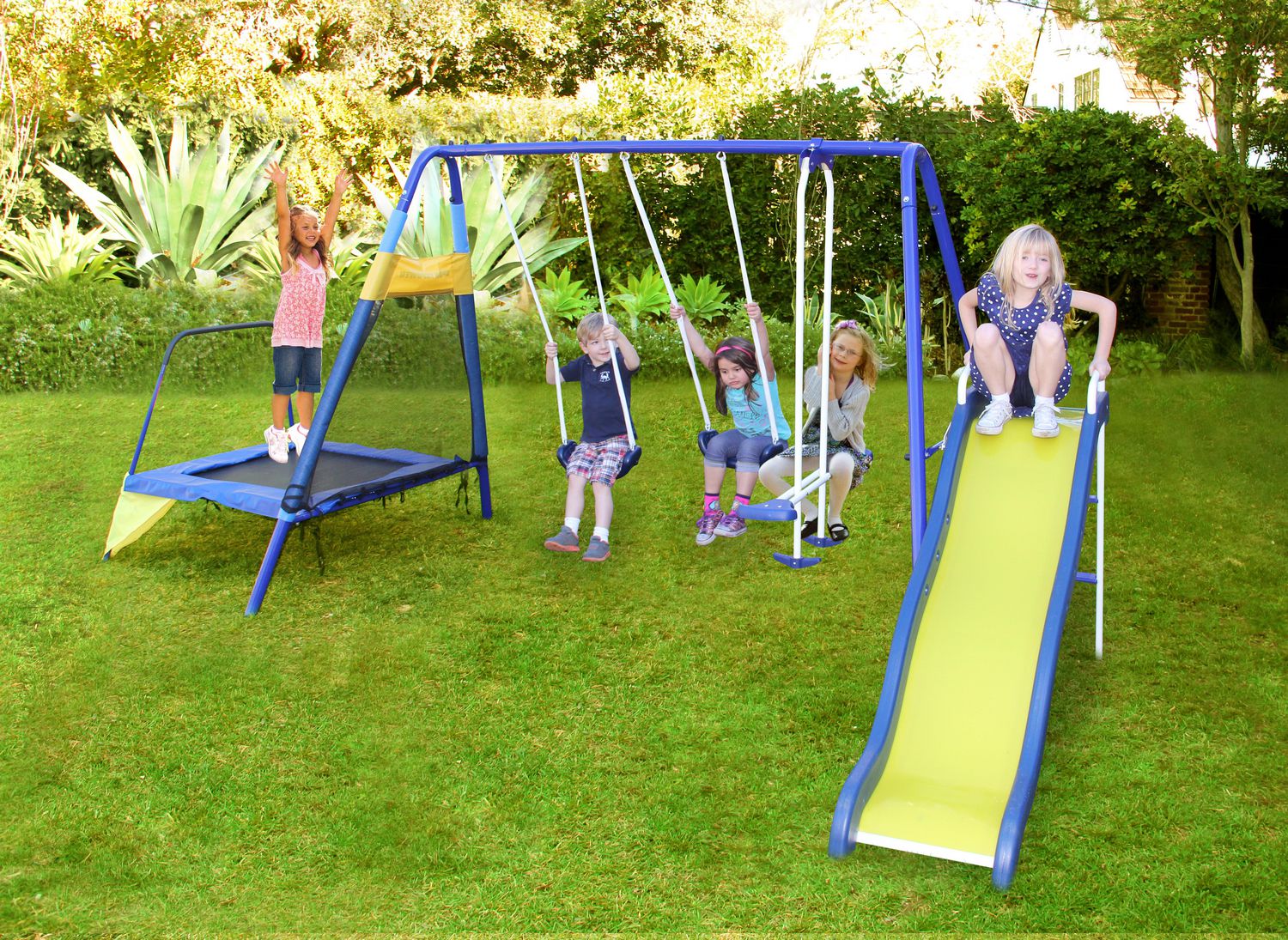 swing set with slide and trampoline