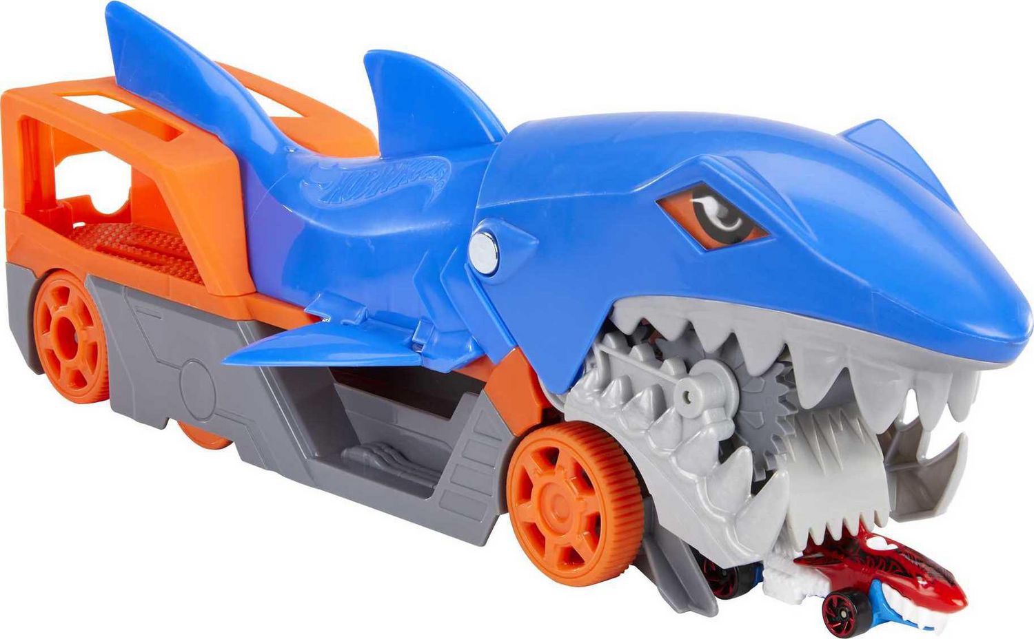 Hot Wheels Shark Chomp Transporter Playset with One 1:64 Scale Car for Kids  4 to 8 Years Old, Shark Bite Hauler Picks Up Cars in Its Jaws & Stores Up 