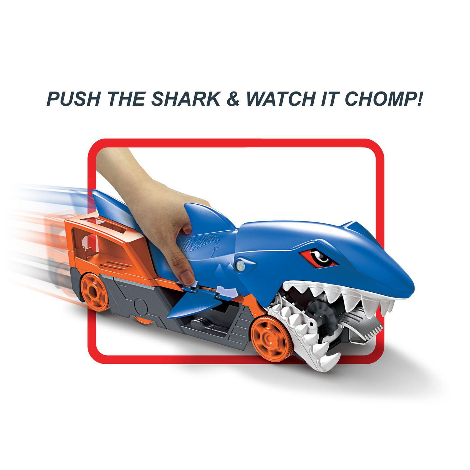 Hot Wheels Shark Chomp Transporter Playset with One 1 64 Scale Car for Kids 4 to 8 Years Old Shark Bite Hauler Picks Up Cars in Its Jaws Stores Up