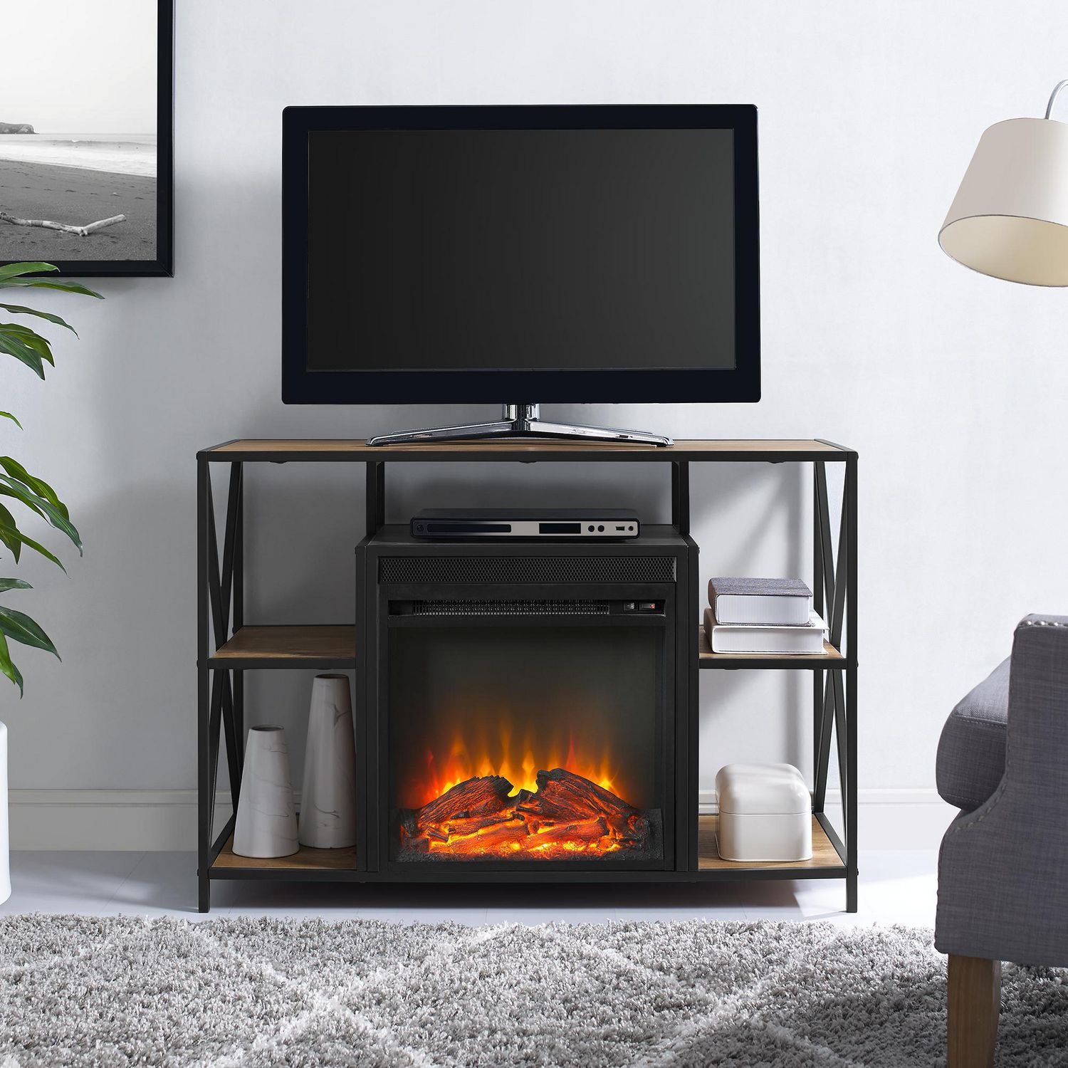 Manor Park Rustic Industrial Fireplace TV Stand with Open Shelves for