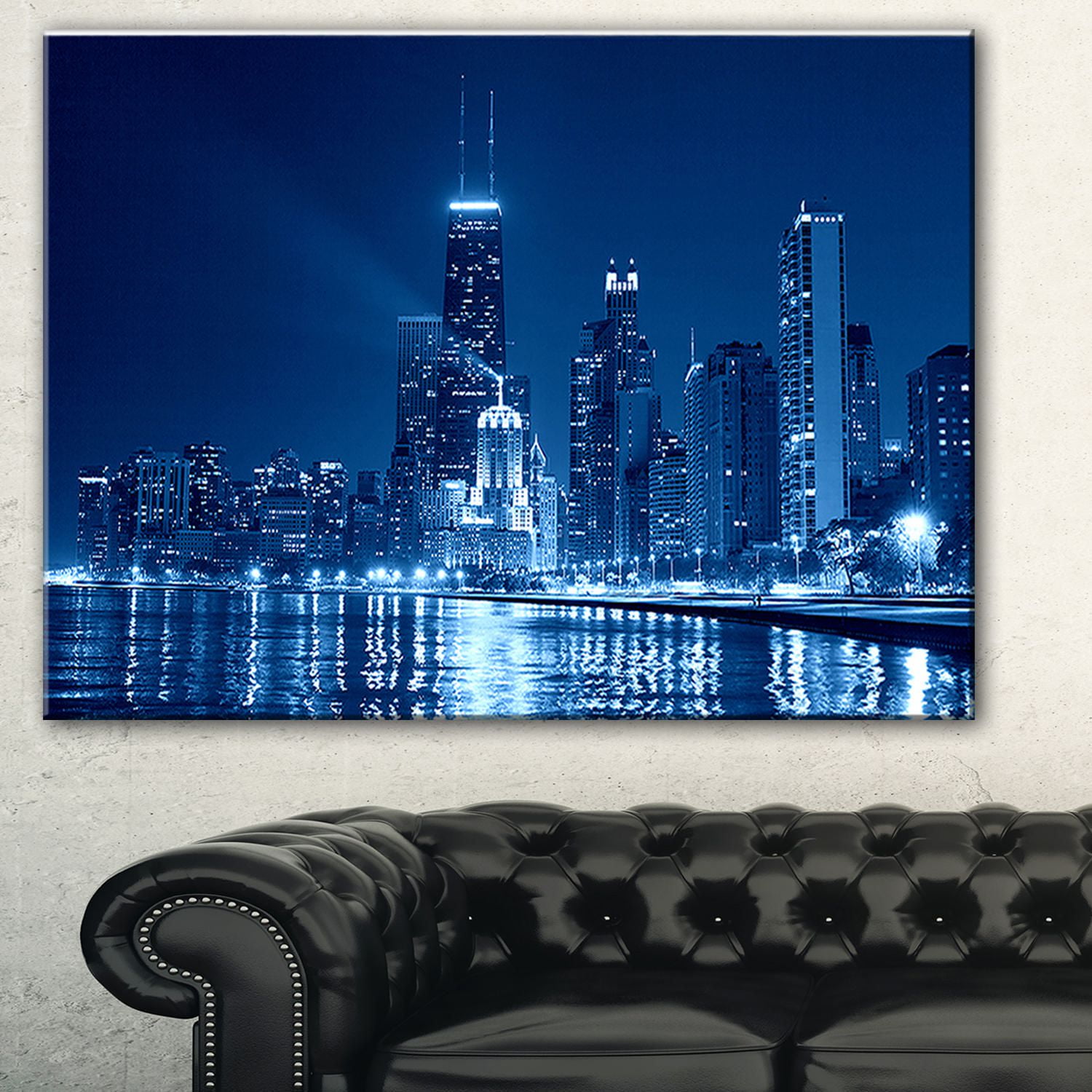 Design Art Blue Chicago Skyline Night Cityscape Photo Canvas Art Print ...