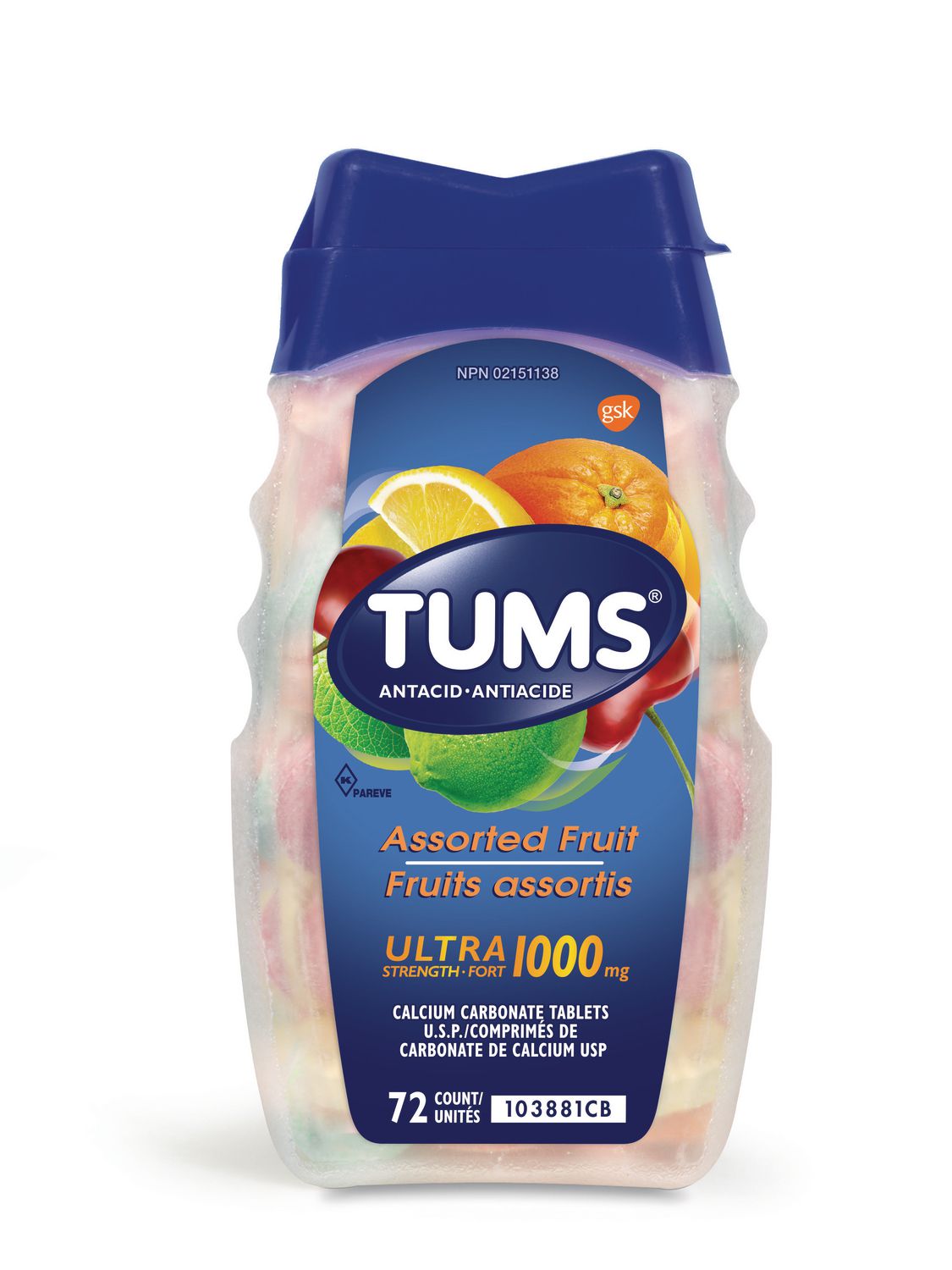 Tums Ultra Force 1000 mg Anti-Acide pour le Soulagement des Brûlures d'Estomac une Bouteille Blanche Orientée vers l'Avant avec Étiquette Rouge Tums et Comprimés Blancs Ronds Dispersés; l'Étiquette et un Gros Plan Montrent 1 000 mg de carbonate de calcium (400 mg de calcium Élémentaire) par Comprimé et Qu'il Procure un Soulagement de l'Indigestion Acide, des Brûlures d'Estomac et de l'Estomac Sure.