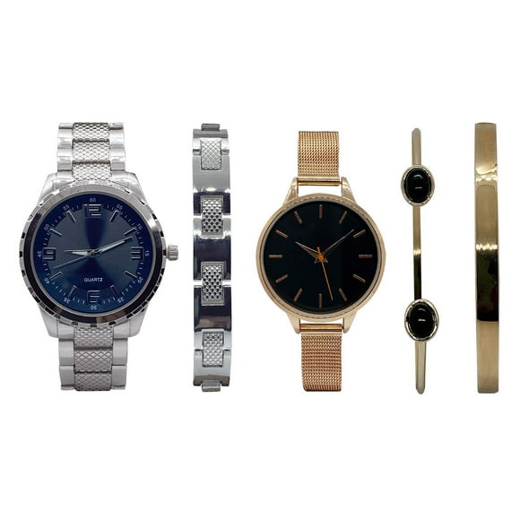 Ensemble de deux montres en métal argenté pour hommes et de trois montres or rose pour femmes