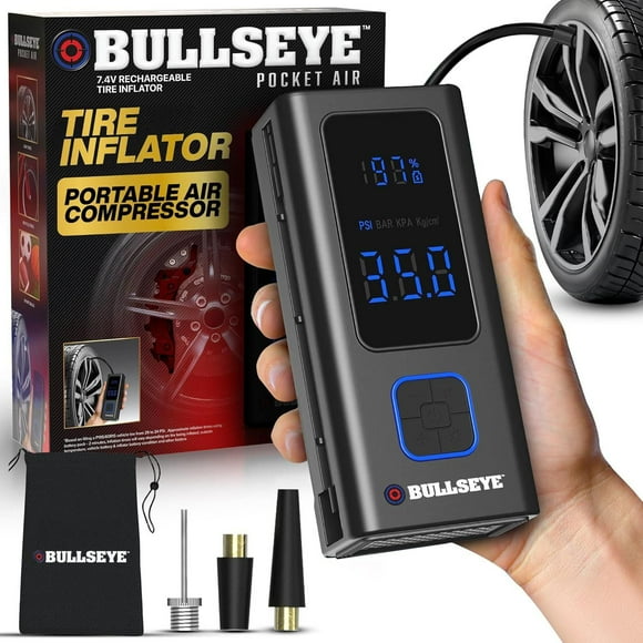 Bullseye Pocket Air Tire Inflator Powerbank 100 PSI Electric Air Compressor Portable Pump for Car Bike LED Pressure Gauge, Tire Inflator