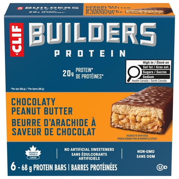 CLIF BUILDERS Protein Bars, Chocolate Peanut Butter Flavour, 20g of Protein, Prepared in Canada, Gluten Free, No Artificial Sweeteners, 6x50g