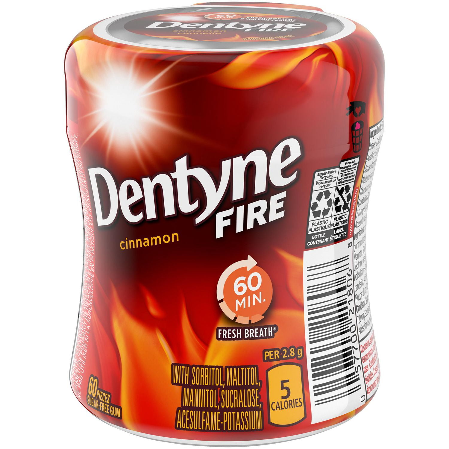 Dentyne Fire Cannelle, gomme sans sucre, 1 flacon (60 morceaux)