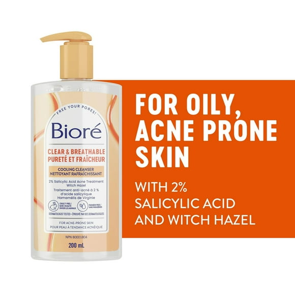 Bioré Pore Clarifying Cooling Cleanser with Witch Hazel, Salicylic Acid Face Wash for Acne Prone Skin, 200mL (Made in Canada), Dermatologist Tested | 200 mL