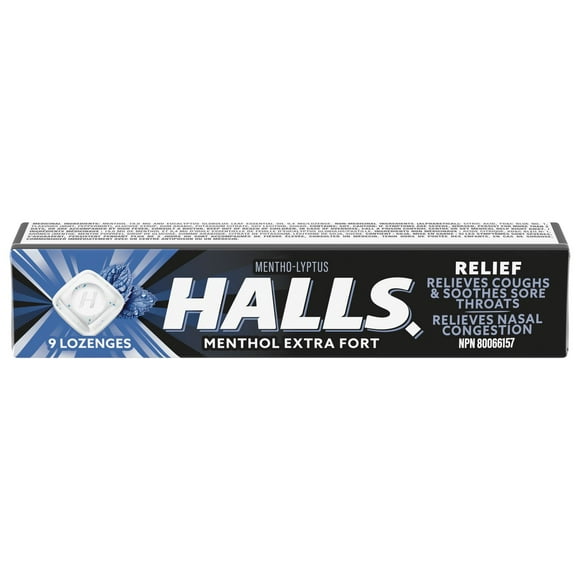 HALLS No Sugar Added Extra Strong, Cough Drops, Throat Lozenges, Sore Throat Relief, 9 Lozenges