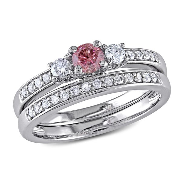 Ensemble de mariage Miadora "halo" à trois pierres en diamant rose et blanc 0.50 ct T.W. en or blanc 14k
