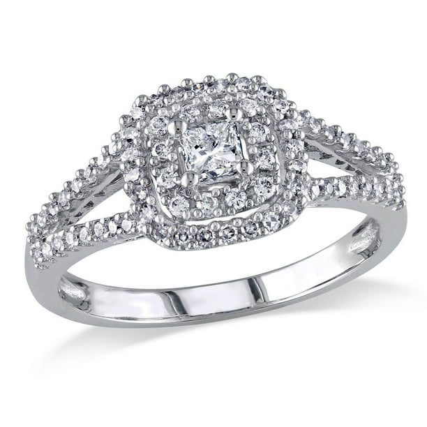 Bague de fiançailles Miabella "halo" en diamant 0.50 ct T.W. de coupe princesse et ronde en or blanc 14k