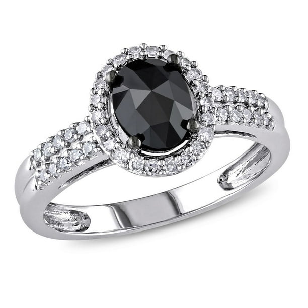 Bague de fiançailles Miadora "halo" en diamant noir et blanc 1 ct T.W. de coupe ovale et ronde en or blanc 14k