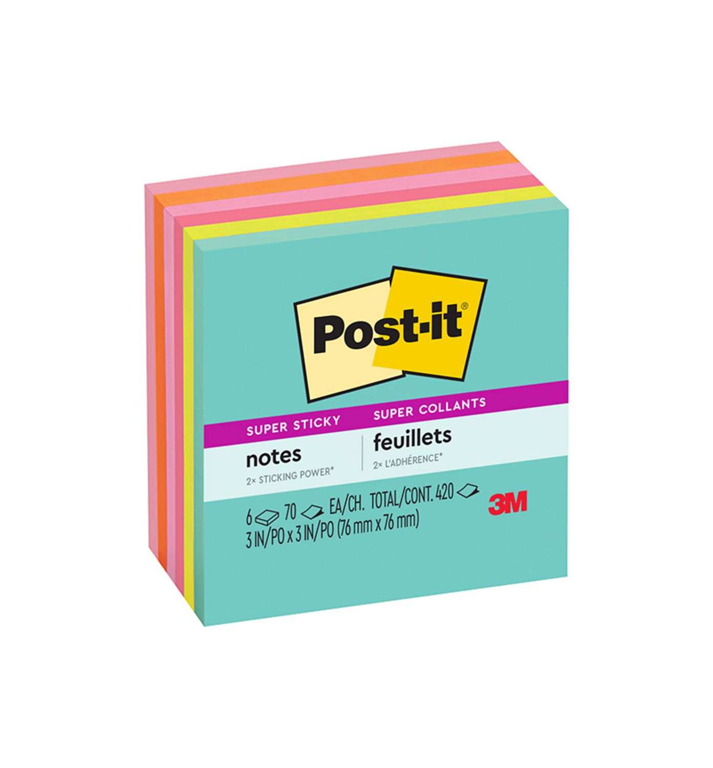 Post-it® Super Sticky Notes, couleurs scintillantes, 47,6 x 47,6 mm-jaune  néon, rose
