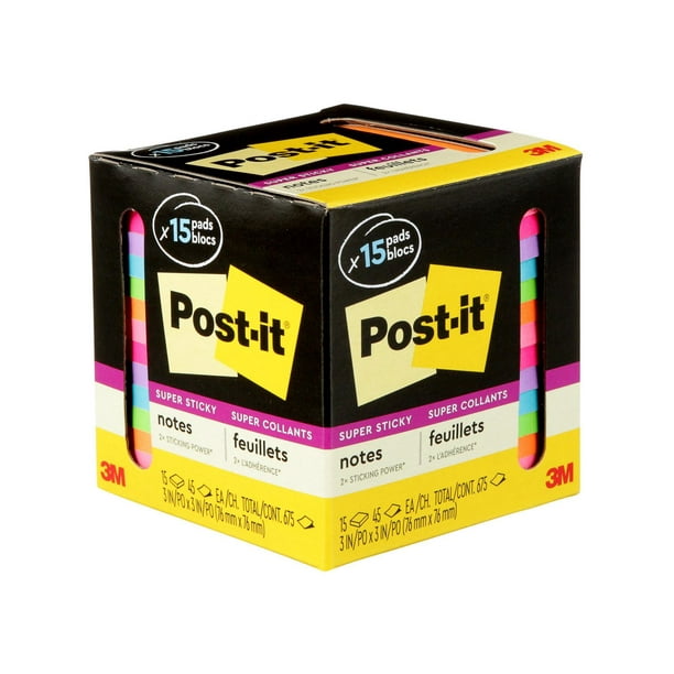 Post-it Super Sticky Notes 654-15SSCP, Assorted Bright Colors, 3 x