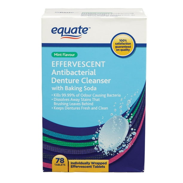 Equate EFFERVESCENT Nettoyant de dentiers antibactérien avec bicarbonate de soude Saveur de menthe 78 Comp emballés individuel