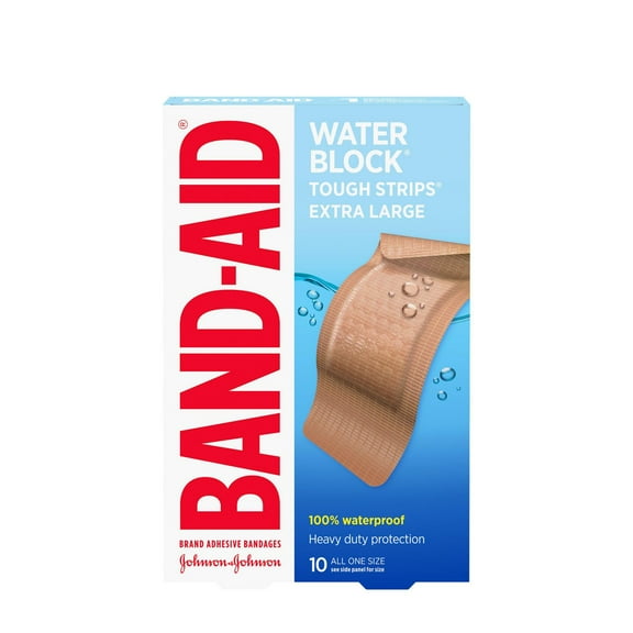 BAND-AID® Brand WATER BLOCK® TOUGH-STRIPS® Extra Large, Adhesive Bandages for Wound Care, Heavy duty Protection for Minor Cuts and Scrapes, 10 ct