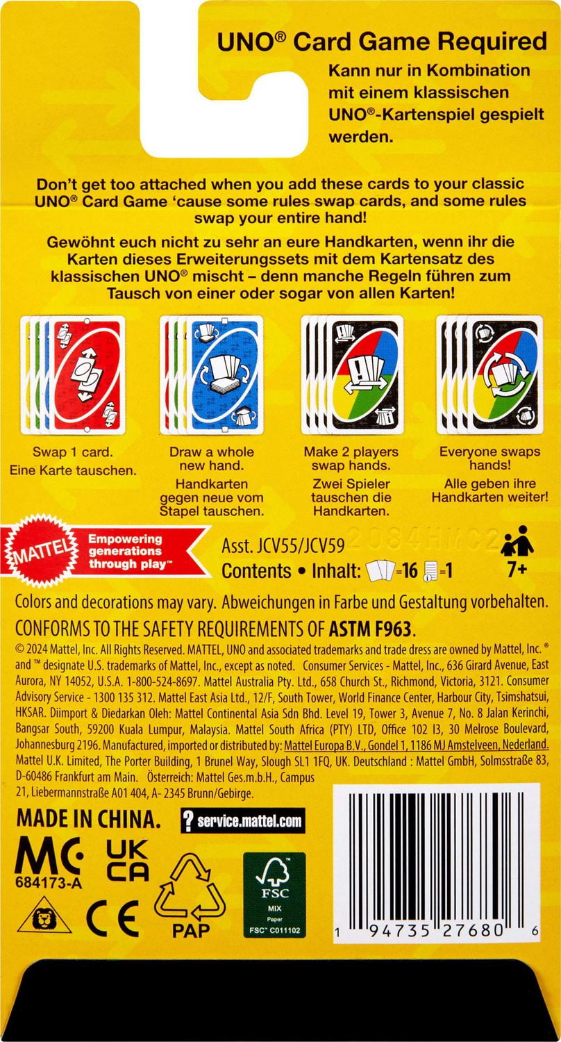 UNO Add-on-Packs Swap Pack Card Game for Kids, Family & Game Nights, Travel, Camping & Parties, Ages 7Y+