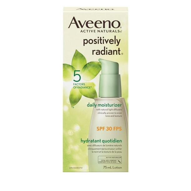 Aveeno Positively Radiant Hydratant quotidien FPS 30, Hydratant avec écran solaire, Avec extrait de soja,  Sans huile, hypoallergénique et non comédogène, 75 ml