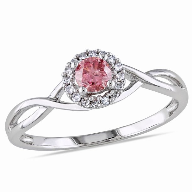Bague de fiançailles Miadora "halo" en diamant rose et blanc 0.38 ct T.W. en or blanc 14k