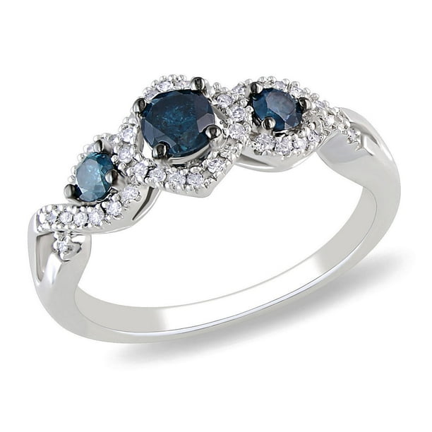 Bague de fiançailles Tangelo "halo" à trois pierres en diamant bleu et blanc 0.50 ct T.W. en or blanc 14k