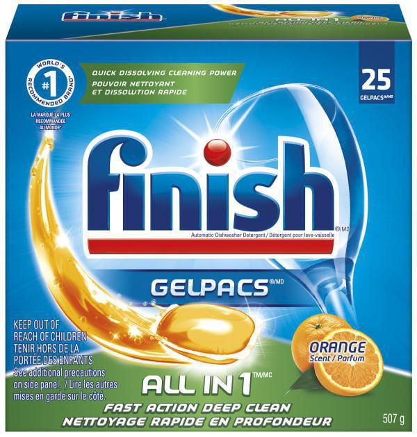 Finish Gelpacs Dishwasher Detergent, All in 1, Orange, 25 Tablets, Fast