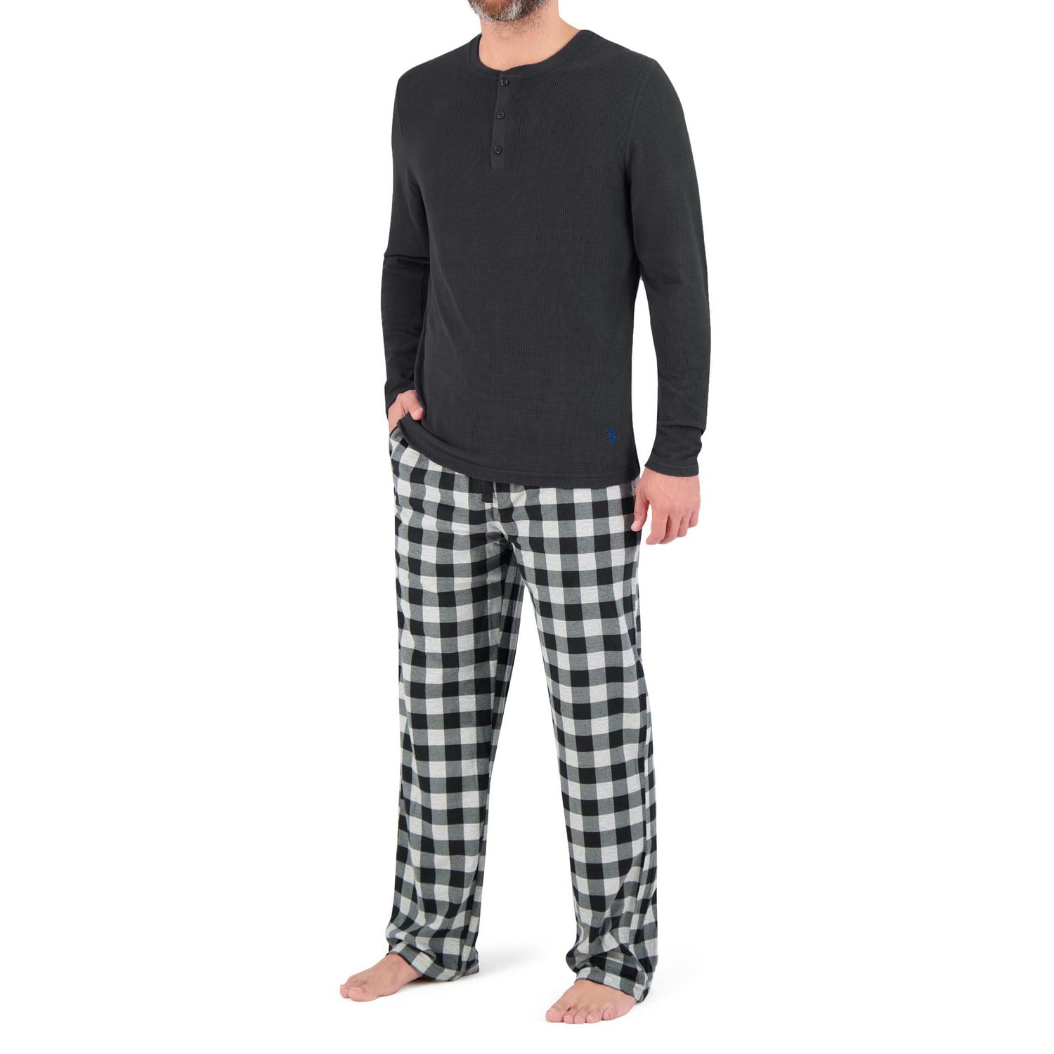 Ensemble de vêtements de nuit U.S. POLO ASSN. à haut à col henley gaufré à manches longues et pantalon de pyjama en tissu doux pour hommes