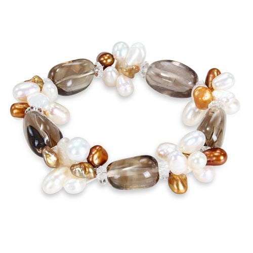 Miadora Bracelet avec perles blanches, or et brunes 5-7 mm et quartz fumé