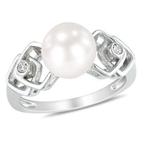 Miadora Bague de mode avec perle d'eau douce blanche 8-8,5 mm et accents de diamants en argent sterling