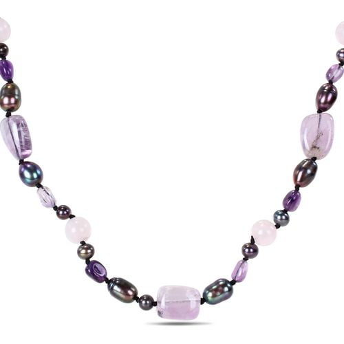 Tangelo Collier avec perles noir, améthyste et quartz rose, 32 po en longueur