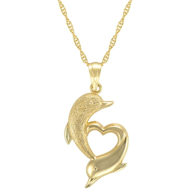 Quintessential 10CT Or Pendentif à motif de cœur et dauphin en or jaune 10 ct sur chaîne en or rempli, 18 po