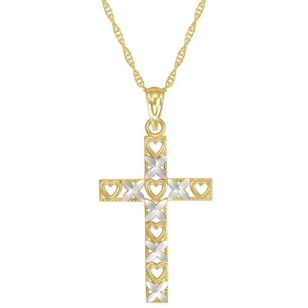 Quintessential 10CT Or Pendentif en forme de croix à motif de cœur en or jaune 10 ct et rhodium sur chaîne en or rempli, 18 po
