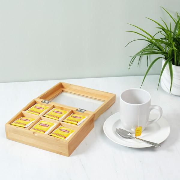 Boîte de rangement pour le thé en bambou avec couvercle en verre pour 40  sachets de thé | Beige | 8229613