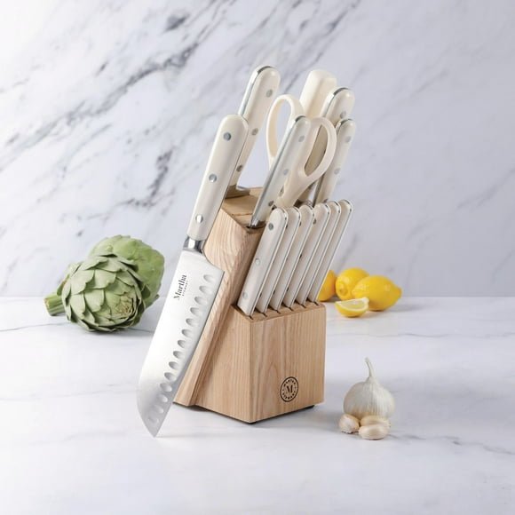 Martha Stewart 14-Piece Stainless Steel Knife Set with Ash Wood Block, Linen