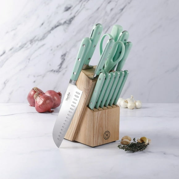 Martha Stewart 14-Piece Stainless Steel Knife Set with Ash Wood Block, Martha Blue