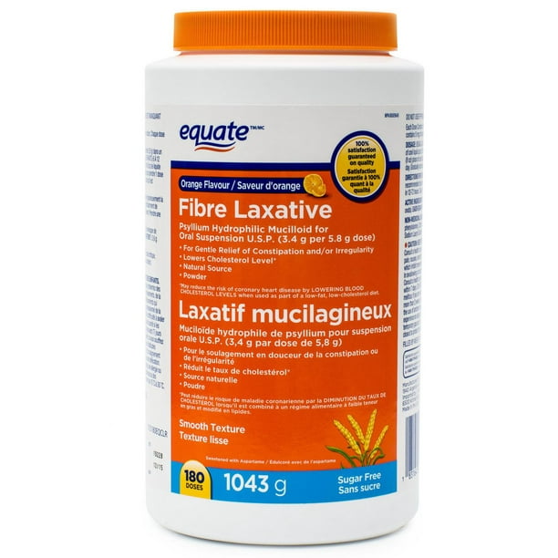 Equate LAXATIF MUCILAGINEUX, Saveur d’orange, Sans sucre, Muciloïde hydrophile de psyllium pour suspension orale U.S.P. (3,4 g par dose de 5,8 g), 180 doses