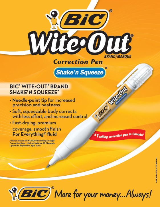 Stylo correcteur BIC marque Wite-Out Shake 'n Squeeze, blanc, 2 points,  pointe fine pour des corrections précises Paq. de 2 