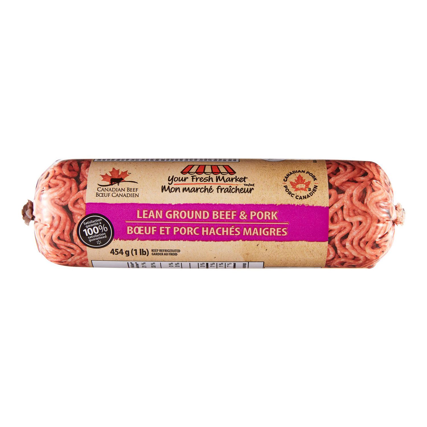 Tube pour Bœuf et Porc Hachés, Mon marché fraîcheur, Tube de 454 g Emballé à l'Avant de Bœuf et Porc Hachés Canadiens en Pellicule Plastique Transparente Montrant une Mouture Grossière Rouge-Rose et une Forme Cylindrique Compacte; l'Étiquette Lit Your Fresh Market; Énuméré comme Frais, Jamais Surgelé; Convient aux burgers, au Pain de Viande et au chili et Est Souvent Utilisé pour la Préparation de Repas par Lots.