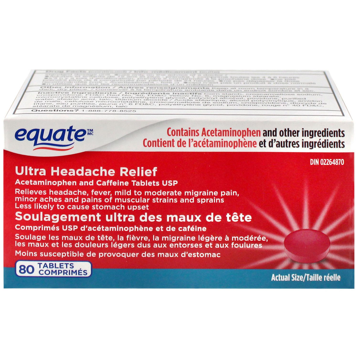 Equate Ultra Soulagement des Maux de Tête, Emballage Étiqueté de 80 Comprimés avec la Marque Equate et des Ingrédients Actifs Acétaminophène 500 mg et Caféine 65 mg; Décrit comme un Soulageur de Douleur et un Réducteur de Fièvre pour les Maux de Tête, la migraine Légère à Modérée et les Douleurs Légères. Utiliser comme Orienté.