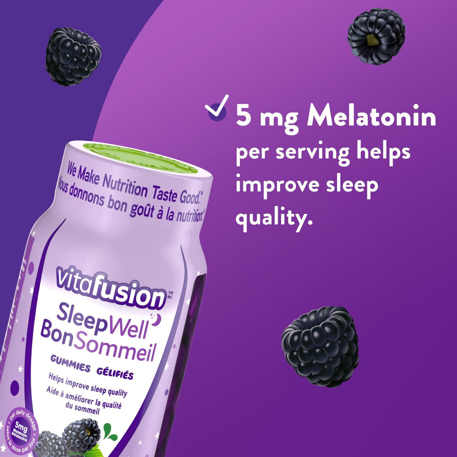 Vitafusion SleepWell Gummies - Melatonin Gummy Supplement, Helps Improve Sleep Quality, Minimizes the Effects of Jetlag, Re-set Sleep-Wake Cycle, 5 g of Melatonin per Serving, 60 Count